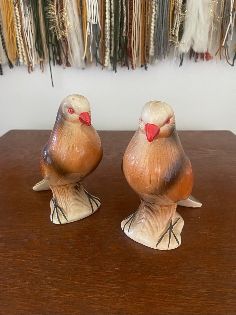 Vintage Ceramic Bird Figurine Pair - Brown with orange Beaks
